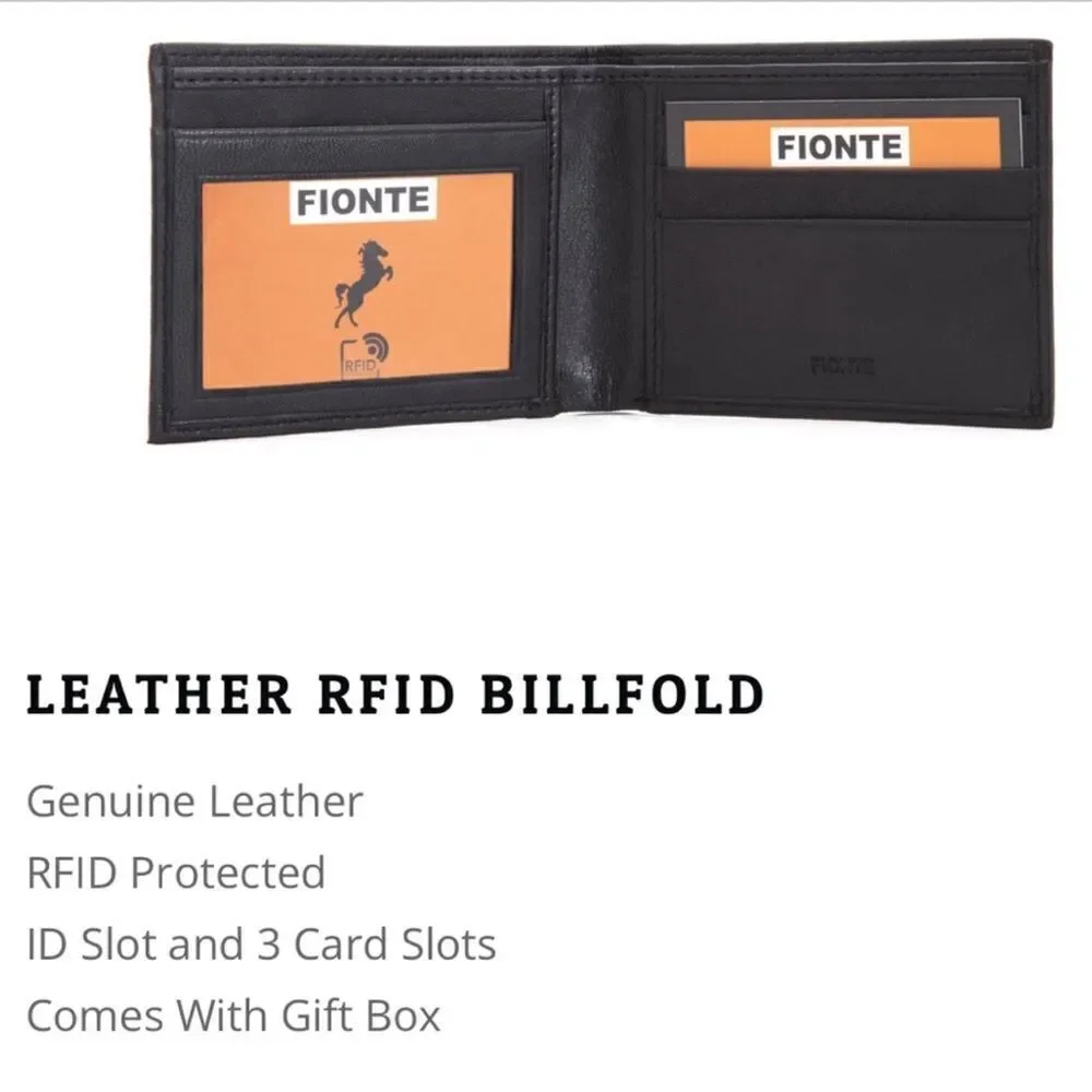 FIONTE RFID Black Men’s Genuine Leather Protected Billfold Bifold Wallet